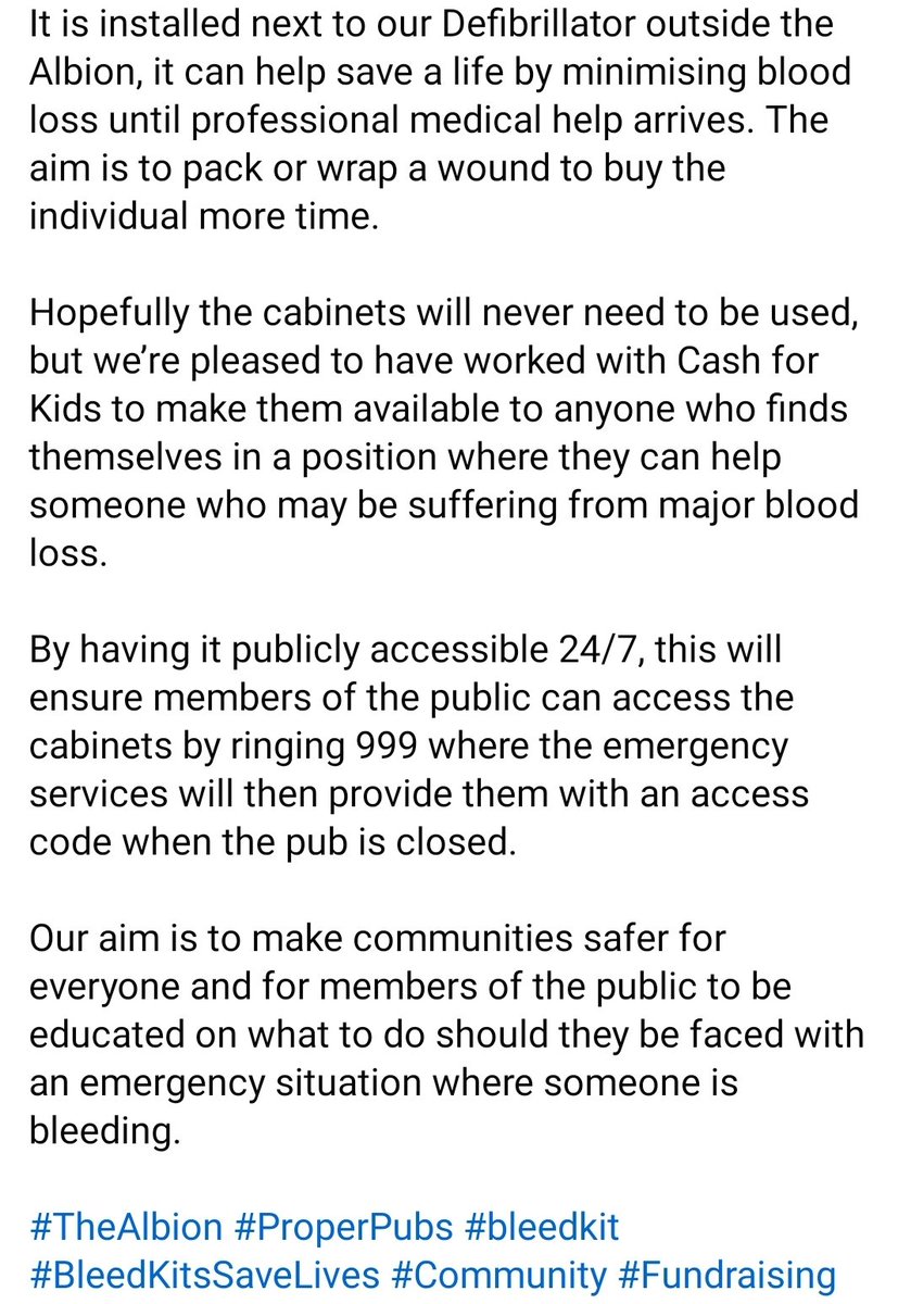 🚨 BLEED KIT INSTALLED 🚨 

❤️‍🩹 We hope it’s never needed to be used but it’s there ready if it is.

Superb effort from @PubAlbion Community. We are a proud proper community pub, putting it at the centre of its community.

#TheAlbion #ProperPubs #bleedkit #BleedKitsSaveLives