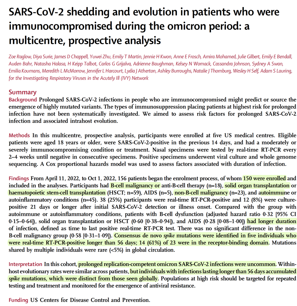 EricTopol's tweet photo. Immunocompromised individuals can have prolonged shedding of #SARSCoV2; 5 of 156 individuals, PCR + > 56 days, had in vivo🦠evolution with multiple spike and non-spike mutations
https://t.co/mfVGWmHYNL @LancetMicrobe https://t.co/WPQmPcPPIo