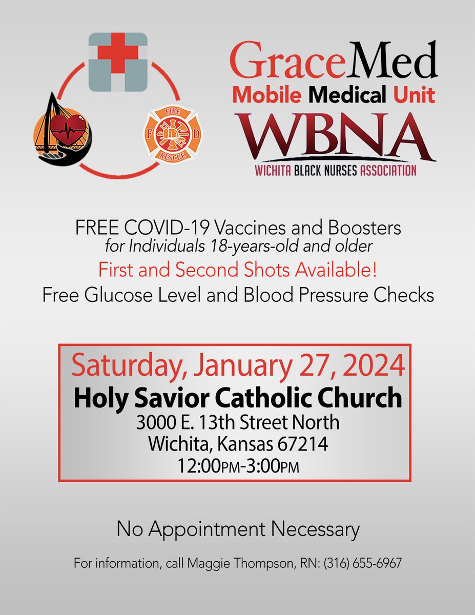 GraceMedHealth's tweet photo. The GraceMed Mobile Health Unit will be at Holy Savior Catholic Church (3000 E. 13th Street North) TOMORROW from 12PM to 3PM providing FREE Covid-19 Vaccines &amp; Boosters for Eligible Individuals. Glucose, Blood Pressure, Covid-19, Flu, &amp; RSV Testing &amp; Education. https://t.co/PDRkKx3Hu8