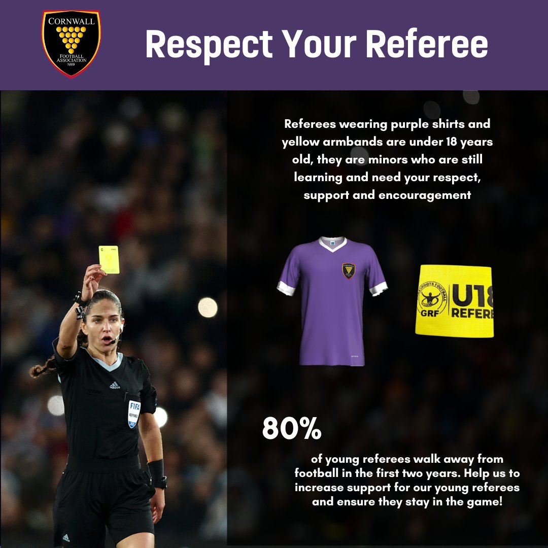 🟨🟥 RESPECT YOUR REFERE 🟥🟨 Remember!! Referees wearing purple shirts and yellow armbands are under 18 years old. Respect your referee this weekend!! #cornwallreferees #respectyourreferee