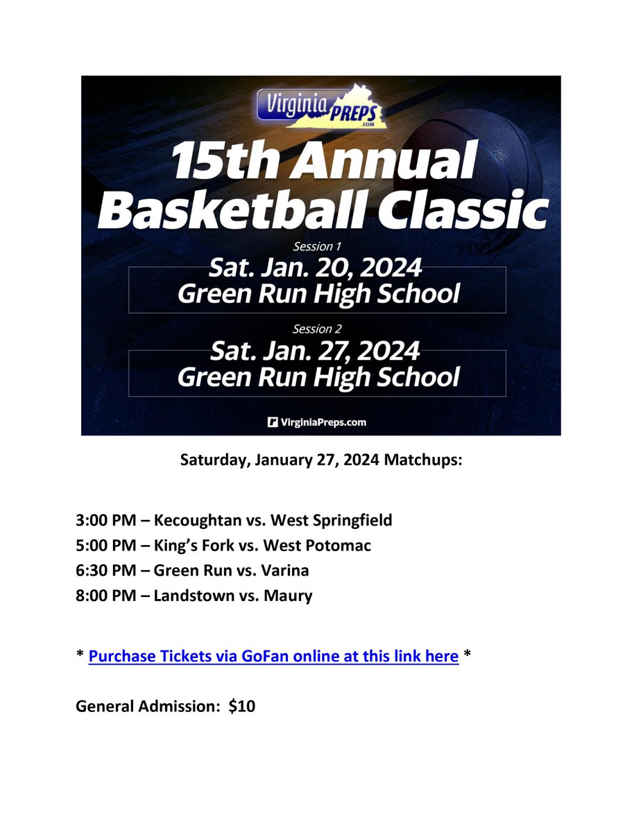 Matthew Hatfield (@hatfieldsports) on Twitter photo Come on out for Session 2 of the 15th Annual <a href="/VaPrepsClassic/">VaPreps Basketball</a> on Saturday, January 27, 2024 at Green Run High School in Virginia Beach!
Purchase your Tickets via GoFan at the link below!
gofan.co/event/1337546?… Come on out for Session 2 of the 15th Annual <a href="/VaPrepsClassic/">VaPreps Basketball</a> on Saturday, January 27, 2024 at Green Run High School in Virginia Beach!
Purchase your Tickets via GoFan at the link below!
gofan.co/event/1337546?…