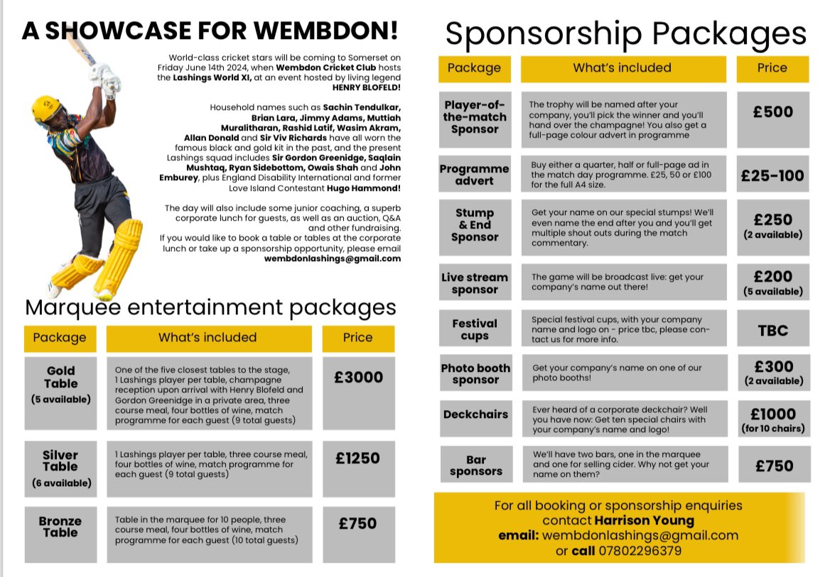 wembdoncc's tweet photo. 🏏🏏 Wembdon CC vs Lashings World XI 🏏🏏

Hospitality and Sponsorship Brochure Out Now 🚨 https://t.co/G9mf3QdNjz
