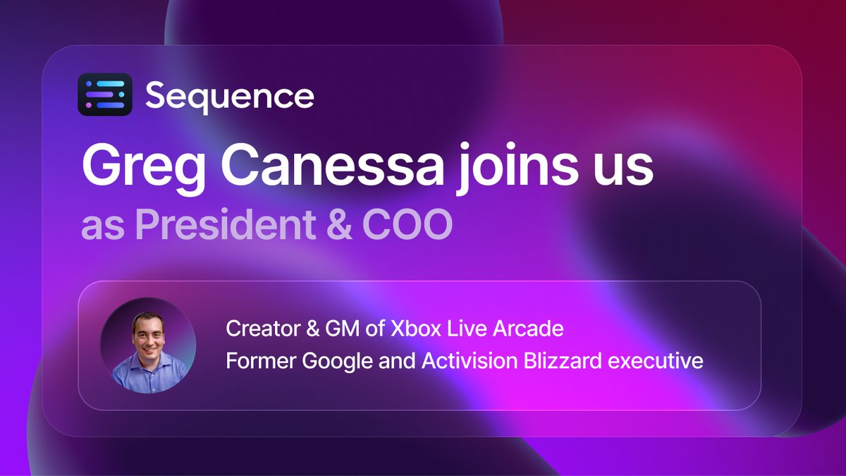 📢We're ecstatic to welcome Xbox Live Arcade Creator and former Google, Activision Blizzard, &amp; Microsoft executive <a href="/gregcanessa/">Greg Canessa</a> as our President &amp; COO! 😍

Greg shares his vision for the future of gaming, web3, and why he believes Sequence will empower developers to delight