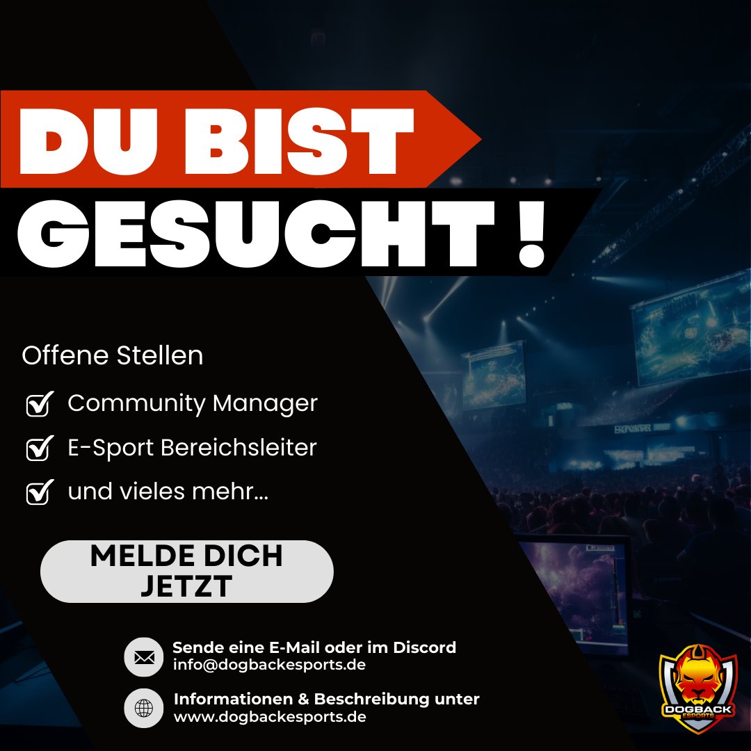 🚀 Deine Chance bei #dogbackesports!

🎮 Willst du Teil unseres eSports-Teams werden? Wir suchen nach ehrenamtlichen Talenten wie dir!

📲 Mehr Infos findest du hier: dogbackesports.de/offene-stellen/

💬 Fragen? DM uns, join unseren Discord oder schreib uns eine E-Mail!

#esports #gaming