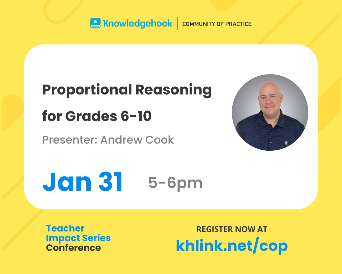 knowledgehook's tweet image. 🔔 Don&apos;t miss &quot;Proportional Reasoning for Grades 6-10&quot; with Andrew Cook,. A deep dive into essential math concepts. #MathTeaching  [khlink.net/cop]