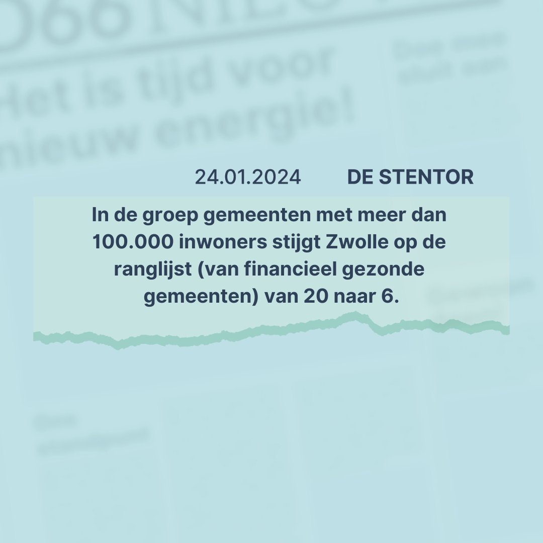 Mooi nieuws!

Op de lijst van de financiële gezondheid van gemeenten stijgt #Zwolle binnen de categorie van gemeenten met meer dan 100.000 inwoners van de twintigste naar de zesde plaats op de ranglijst! 👏  Afgerond komen we uit op een 9 als rapportcijfer.