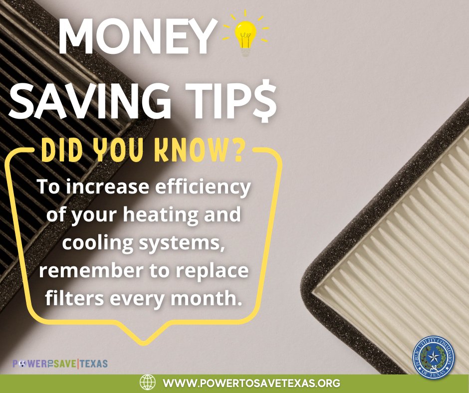 PUCTX's tweet photo. #MoneySavingTip💡 To increase efficiency of your heating and cooling systems, remember to replace filters every month. Visit https://t.co/7wweAXCUqC for more tips! #PowerToSave #DYK https://t.co/VgD97HRO3Z