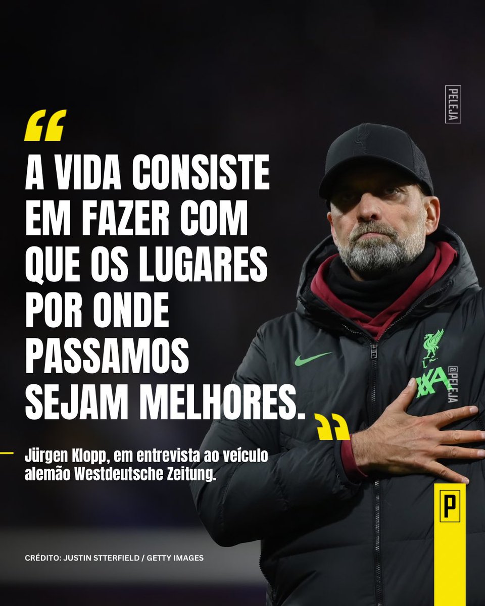 PELEJA's tweet photo. Desde que chegou ao Liverpool, em 2015, Jürgen Klopp tem chamado atenção pelas declarações e posicionamentos sobre temas políticos e sociais, e pela mudança de clima que promoveu no clube.

Além de defender a vacinação na época da pandemia de Covid-19, ele também já saiu em defesa do Vinicius Jr. nos casos de racismo sofridos pelo brasileiro e, em muitos momentos, fez declarações sobre debates políticos na Europa, questões ambientais e sobre o seu desejo de uma sociedade mais justa: 

"Assim como eu vivo bem, quero que os outros também vivam bem. Creio que nossa missão é fazer com que nosso minúsculo pedaço de terra seja um pouco mais bonito. A vida consiste em fazer com que os lugares por onde passamos sejam melhores."