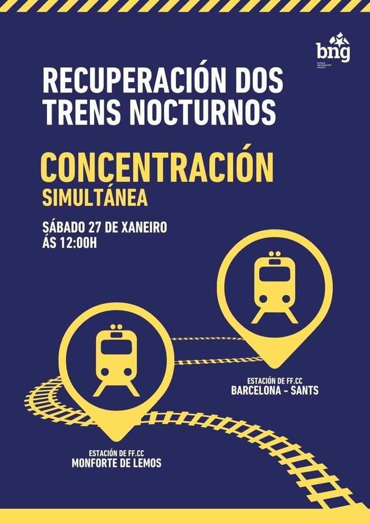 📢 Demà dissabte ens veiem a l’Estació de Sants!

✊ Concentració doble amb la convocatòria de Monforte de Lemos (Galícia) per la recuperació dels trens nocturns a la Península Ibèrica.

📅 27/01/2024 | 12:00