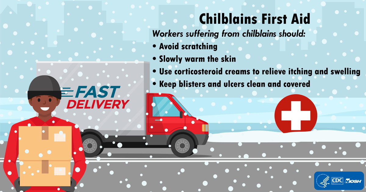NIOSH's tweet photo. Chilblains are caused by the repeated exposure of skin to temperatures just above freezing to as high as 60 degrees F. Make sure you know how to treat chilblains before #WorkingInCold: https://t.co/lYXBe6sUjj https://t.co/bfmy02Eeyr