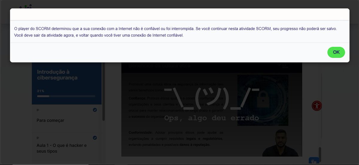 juliocopimentel's tweet photo. Impossível terminar um vídeo na plataforma Hackers do Bem sem receber esta mensagem. A minha internet é boa, ainda assim os vídeos travam o tempo todo e depois param com a mensagem de que meu progresso não será salvo.
#bolhasec #bolhadev #HackersDoBem https://t.co/WvLxaLjfsS