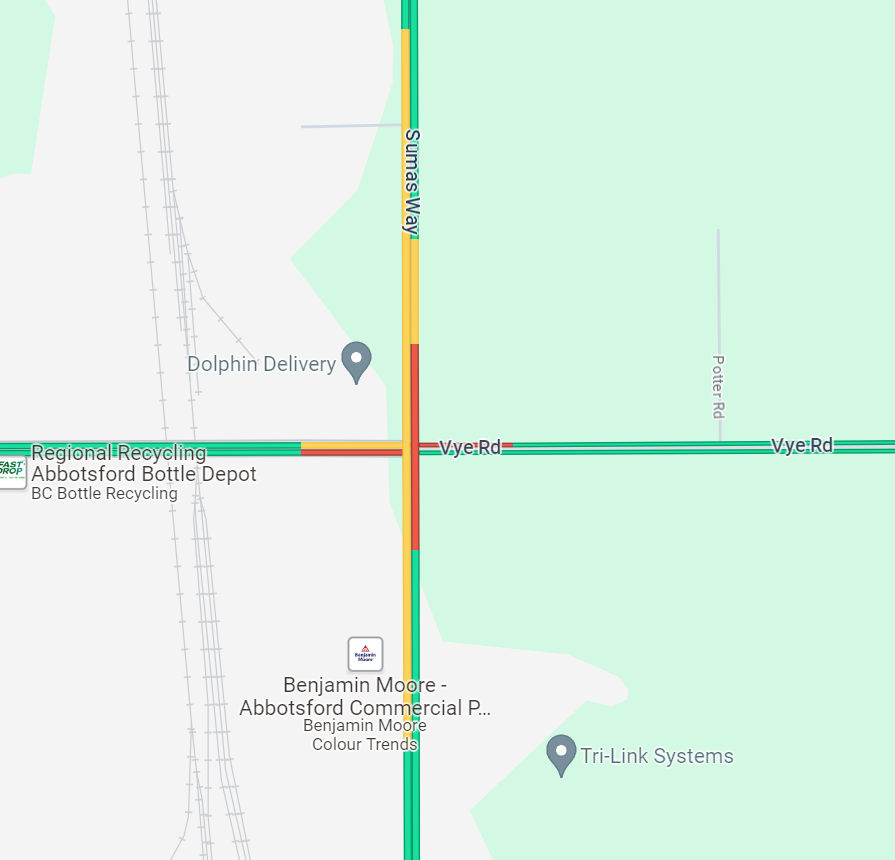DriveBC's tweet photo. ⚠️#BCHwy11 - A vehicle incident at the Vye Road intersection is causing delays in all directions. Watch for traffic control on scene. Expect delays. #Abbotsford #SumasWay https://t.co/VMgsWqaUcl