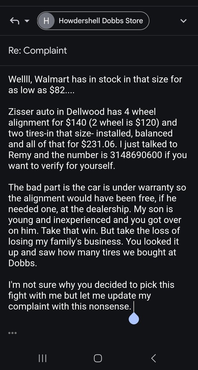Kympocalypse's tweet photo. @dobbs
Get your managers, y'all. This mofo told me to call other shops. So I did. Found tires installed for $100 and alignment my son probably didn't need for $55 less. Learn to leave ppl alone. https://t.co/F78fkMATbo