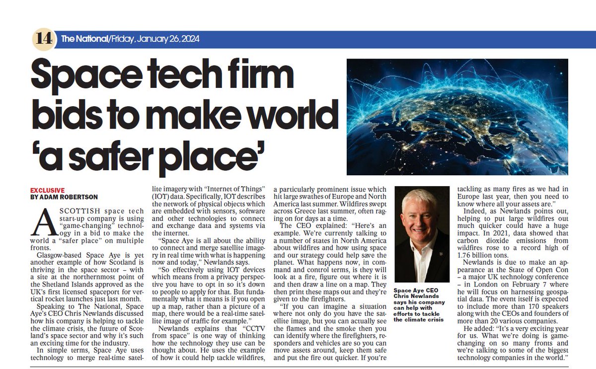 We've been featured in The National Newspaper 👇 Ahead of @openuk_uk State of Open Conference 2024 in London next month, our CEO Chris Newlands gave some insights into how our unique space strategy could help save the planet 🛰️ Full online article: thenational.scot/business/24075…