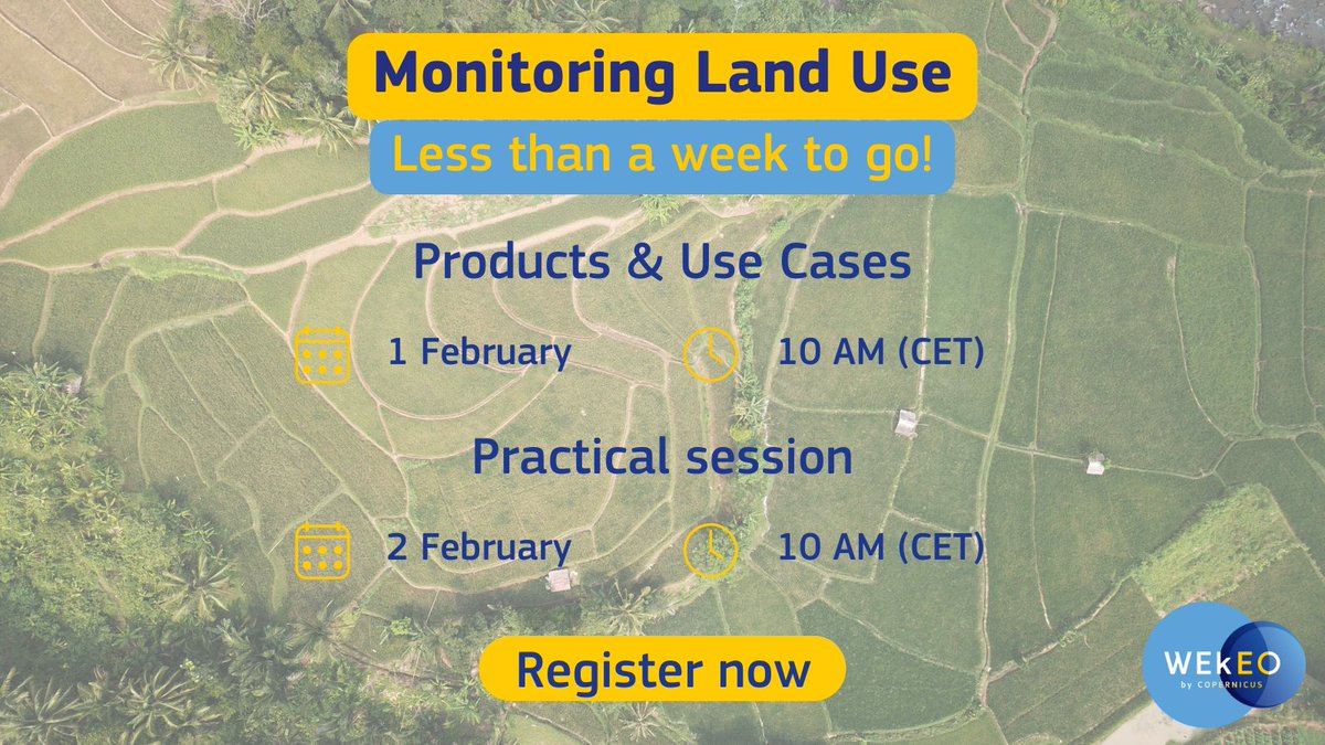 Enhance Your #LandUse Monitoring Toolkit! 🛠️ 👉 Join us on February 1-2 for the 'Monitoring Land Use' workshop. Acquire hands-on skills using WEkEO's #EarthObservation data and advanced processing resources. Registrations are still open ➡️ wekeo.eu/events/monitor…