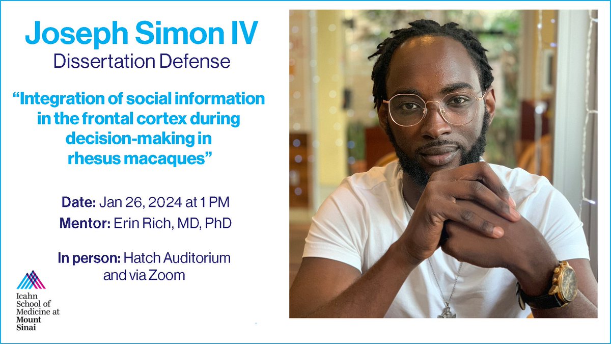 TODAY, Friday, January 26, 2024 at 1:00 PM ➡ SHOW YOUR SUPPORT! JOIN US &amp; Mentor Dr. <a href="/erinLrich/">Erin Rich</a> as @JoeSimonIV presents his DISSERTATION DEFENSE 👏🎉  BE THERE ➡ Live in Hatch Auditorium CONGRATULATIONS &amp; GOOD LUCK Joseph! #FriedmanBrainInstitute #NashNeuroscience