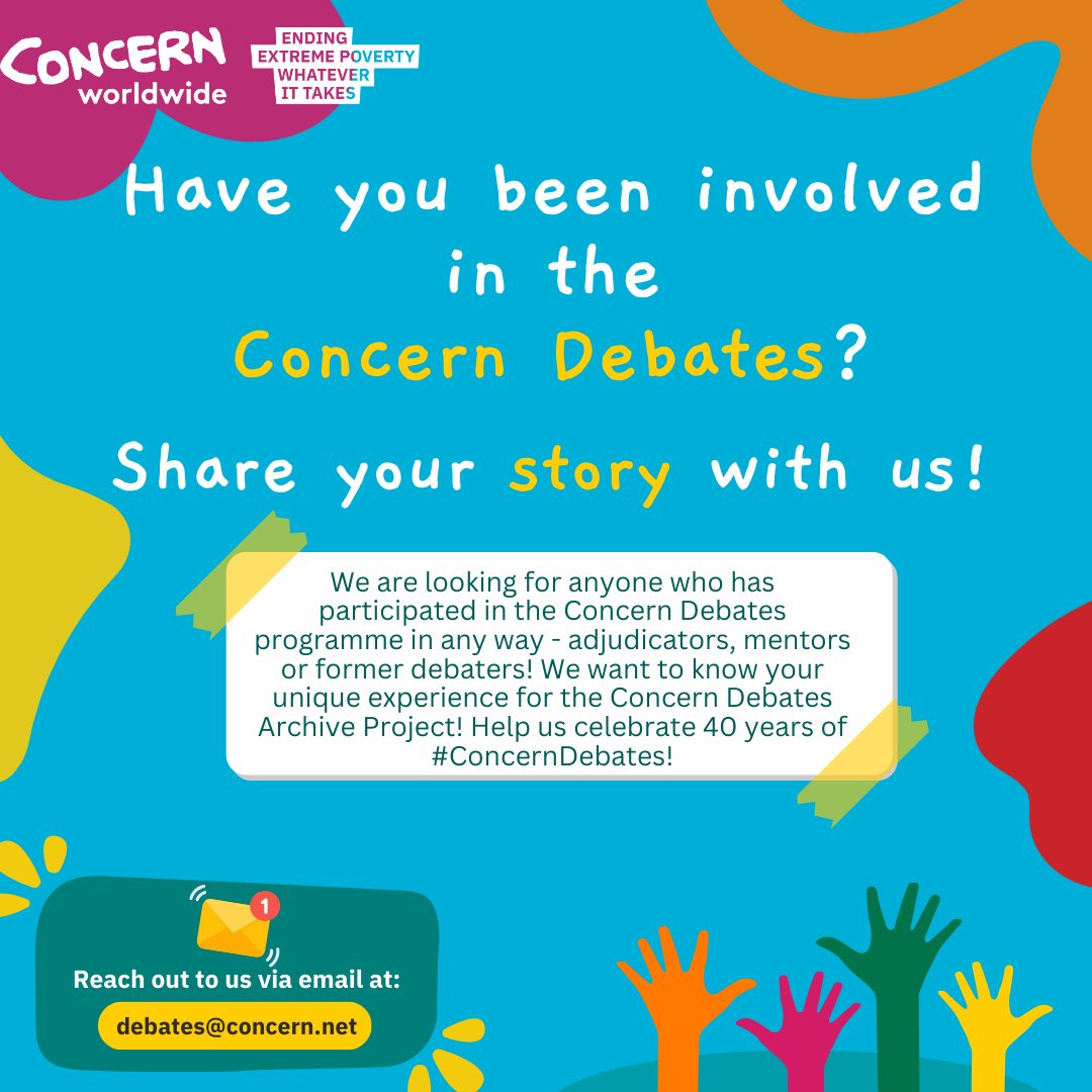 Concern's tweet photo. 🌟 Reflect. Connect. Celebrate. 🎉 Share your unique perspective in the Concern Debates Archive Project. Be part of the dialogue that shaped lives for 40 years. Apply now: email debates@concern.net #ConcernDebates #ConcernWorldwide https://t.co/CA35WYL561