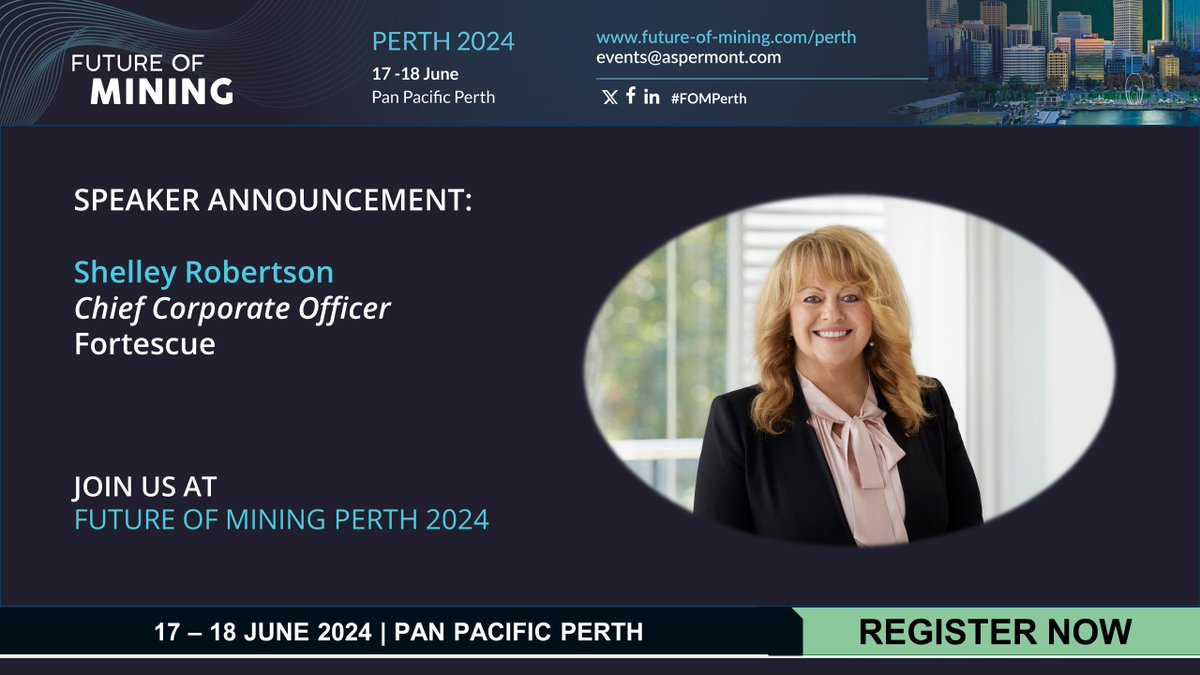 📢 SPEAKER ANNOUNCEMENT: Future of Mining Perth 2024 is delighted to welcome Shelley Robertson, Chief Corporate Officer, Fortescue! Taking place 17 -18 June 2024,this #conference is not to be missed! 

Find out more - future-of-mining.com/fomperth

#FOMPerth <a href="/FortescueNews/">Fortescue</a>