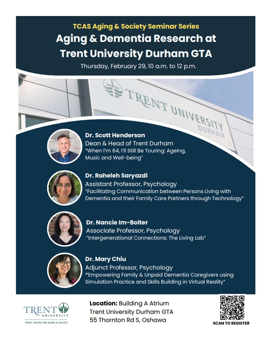 Join us for TCAS Aging Society Seminar Series ‘Aging &amp; Dementia Research’ on Thursday February 29th, 2024 from 10am to 12pm.

Location: Building A Atrium, Trent University Durham GTA, 55 Thornton Rd S, Oshawa

Link to register: trentu.qualtrics.com/jfe/form/SV_br…