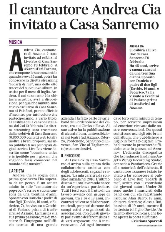 AWRecStudio's tweet photo. Dalla produzione dei nuovi brani alla partecipazione a Casa Sanremo Live Box!
Andrea Cia presenterà uno dei suoi inediti che anticipano il nuovo album, attualmente in fase di produzione agli Angel's Wings Recording Studios sotto la guida di Nico Odorico.
.
#Sanremo2024 https://t.co/HizIWx63A7