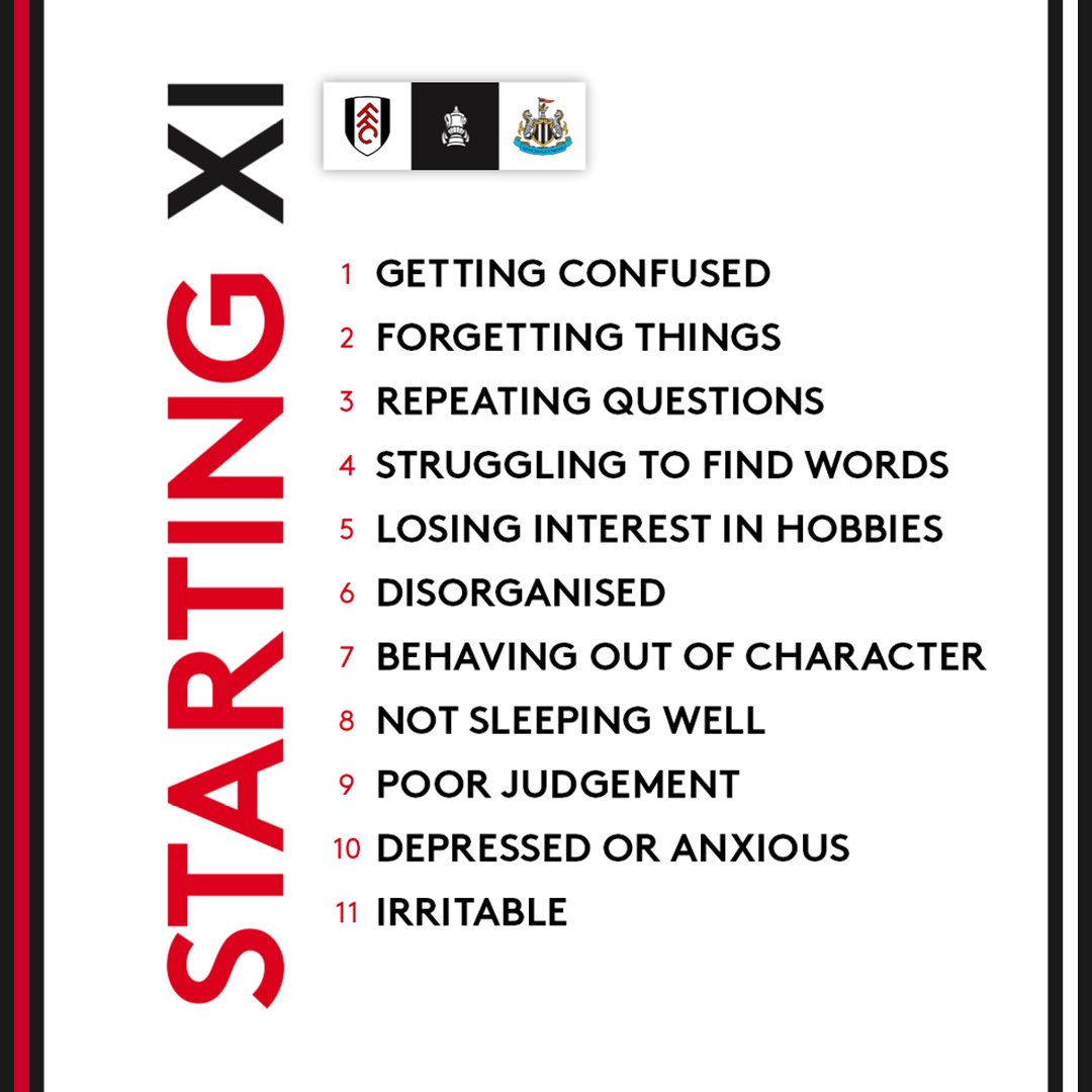 FulhamFC's tweet photo. We've replaced our Starting XI with common dementia symptoms.

Noticed any of these symptoms in yourself or a loved one? You can visit the @alzheimerssoc website and use their checklist: ⤵️