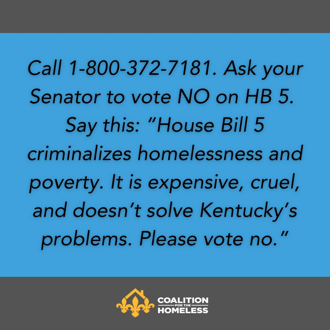 House Bill 5 (“Safer Kentucky Act”) passed the House 72-22.

But 1,000+ of you acted this wk to oppose it. THANK YOU!

Next up: Senate. Call 1-800-372-7181 &amp; leave this msg for your Senator: “HB5 criminalizes poverty. It is expensive, cruel, doesn’t solve KY’s problems. Vote no.”