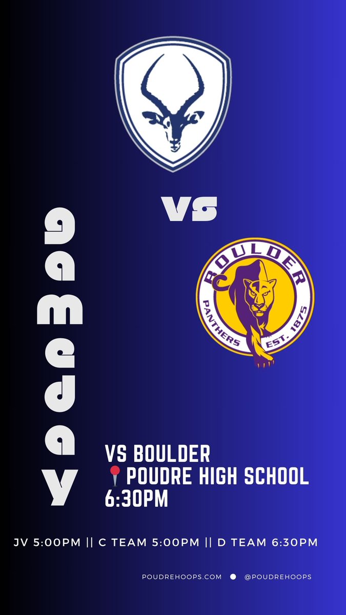 GAMEDAY in the Impaladome!

vs Boulder
📍 Poudre High School 
🕡 6:30pm

JV 5:00pm | C Team 5:00pm | D Team 6:30pm

#GoPoudre
