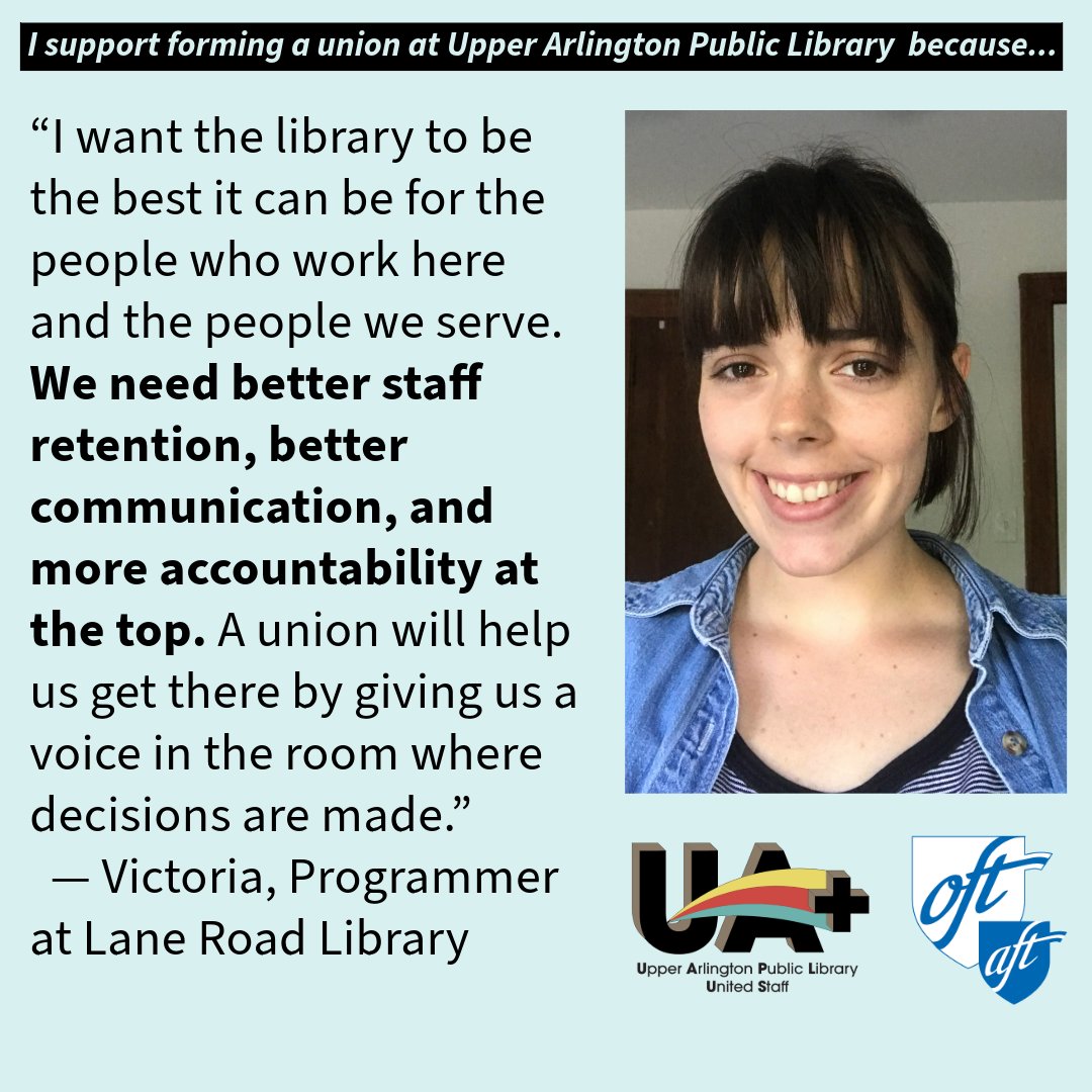 Victoria is forming a union at Upper Arlington Public Library b/c 'We need better staff retention, better communication & more accountability at the top. A union will help us get there by giving us a voice in the room where decisions are made” Take action: actionnetwork.org/letters/tell-t…