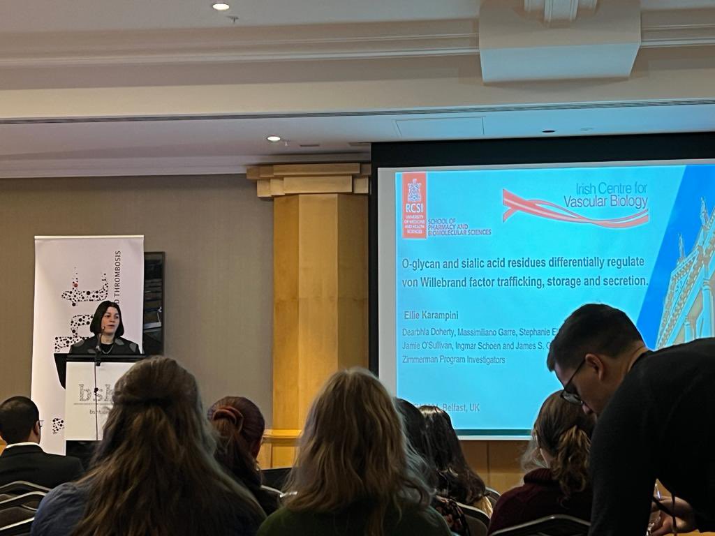 Very happy and excited to present our work on how O-glycans and terminal sialylation differentially regulate #VWF intracellular trafficking and #WPB formation at #BSHT2024. Special thanks to my supervisor @ProfJSODonnell and colleagues at @IrishCtrVascBio @RCSIPharmBioMol