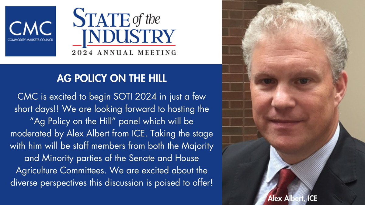 We can't wait to have professional staffers from <a href="/SenateAgDems/">Senate Ag, Nutrition, & Forestry Committee Dems</a>, <a href="/SenateAgGOP/">Senate Ag Committee Republicans</a>, <a href="/HouseAgGOP/">House Committee on Agriculture</a>, <a href="/HouseAgDems/">House Agriculture Committee Democrats</a> join Alex Albert from <a href="/ICE_Markets/">ICE</a> on stage for #SOTI2024! See you this Sunday, January 28 to kick off our meeting in Ft. Lauderdale, FL!