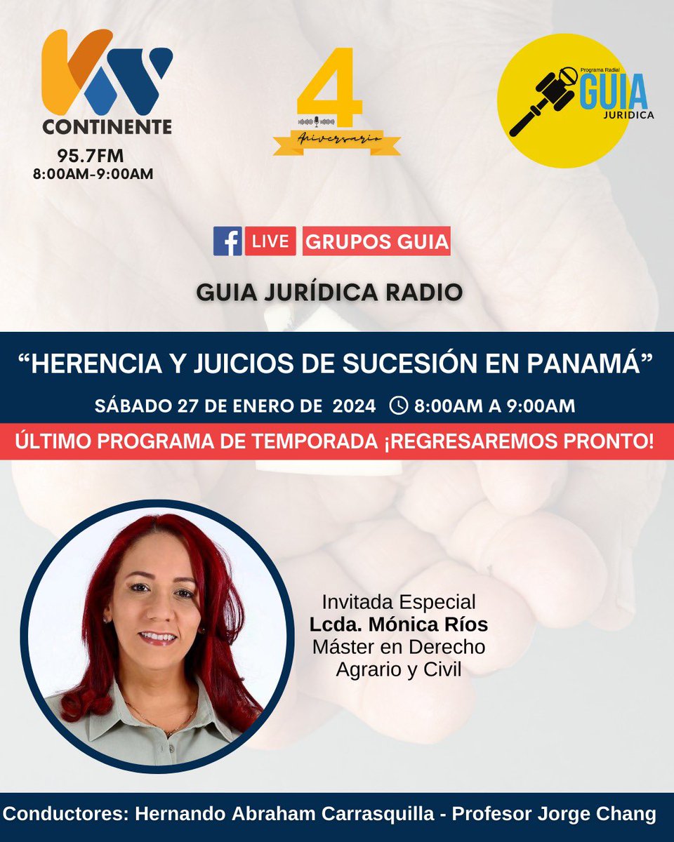 Sintoniza  GUÍA JURÍDICA RADIO este sábado 27 de enero a las 8:00 a.m., para disfrutar del último programa de esta temporada. ¡Pronto estaremos de vuelta!

El programa contará con la participación de nuestra invitada especial, la Licda. Mónica Ríos, @monicaeugenia09