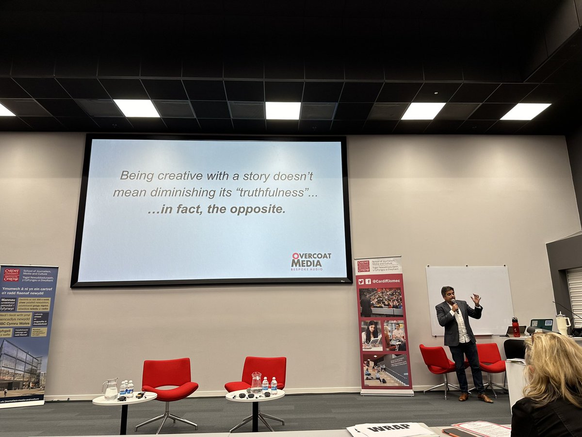 MediaCymru_'s tweet photo. Does being creative diminish the truthfulness of a story? Or can creativity help communicate the truth of a story, as @StevenRajam argues?  #PodconCymru24 https://t.co/UIz7cUujEJ