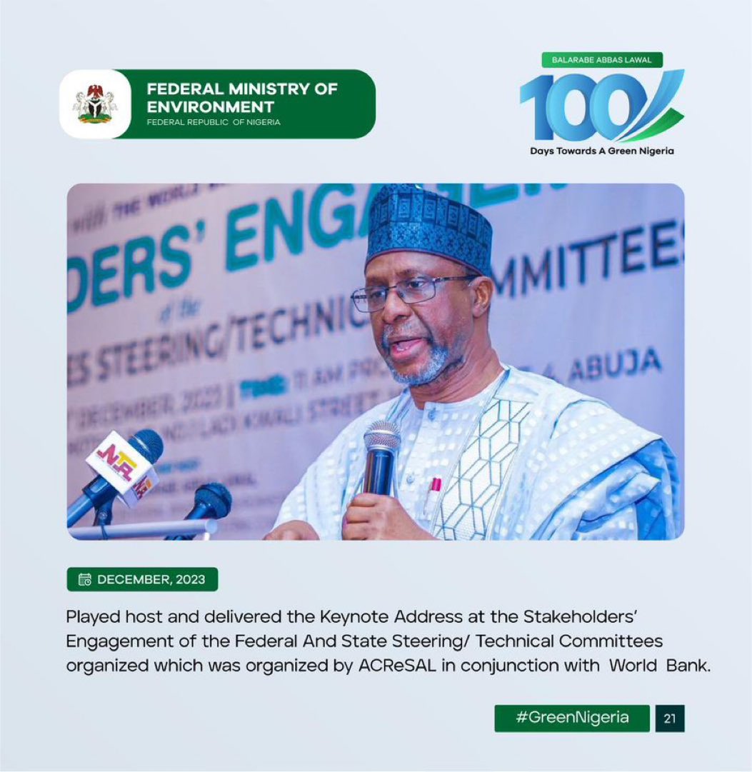 The Hon. Minister of @FMEnvng @BalarabeAbbas_ delivered the Keynote Address at the Stakeholders' Engagement of the Federal and State Steering/Technical Committees, and was thankful for the collaboration between ACReSAL and World Bank in organizing the event.
#BalarabeAbbas100Days