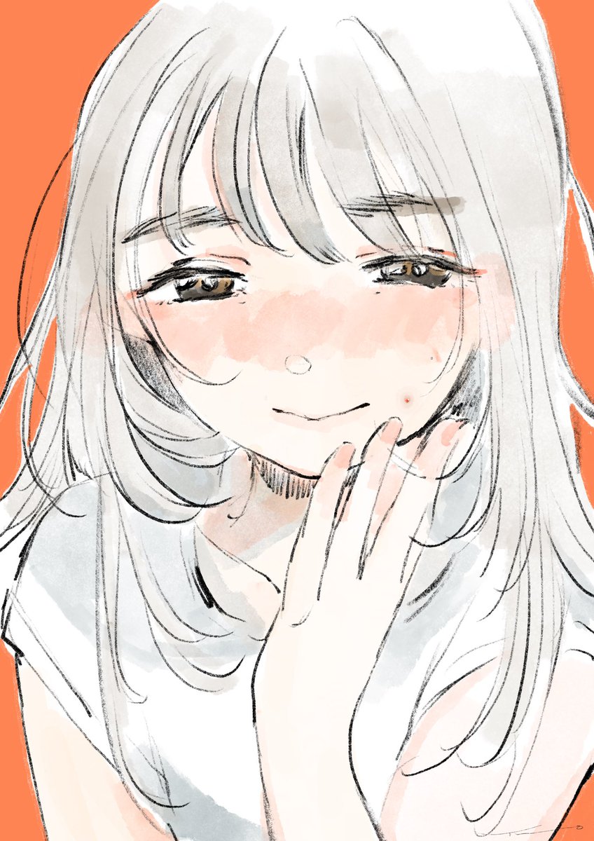 1girl solo shirt orange background simple background blush long hair  illustration images