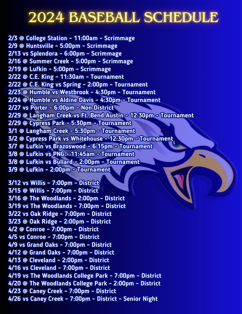 It’s here! 

EMBRACE
ACCOUNTABILITY 
GRIND
LOYALTY
EXECUTE

The 2024 New Caney Eagles Varsity Baseball Schedule! #EAGLE