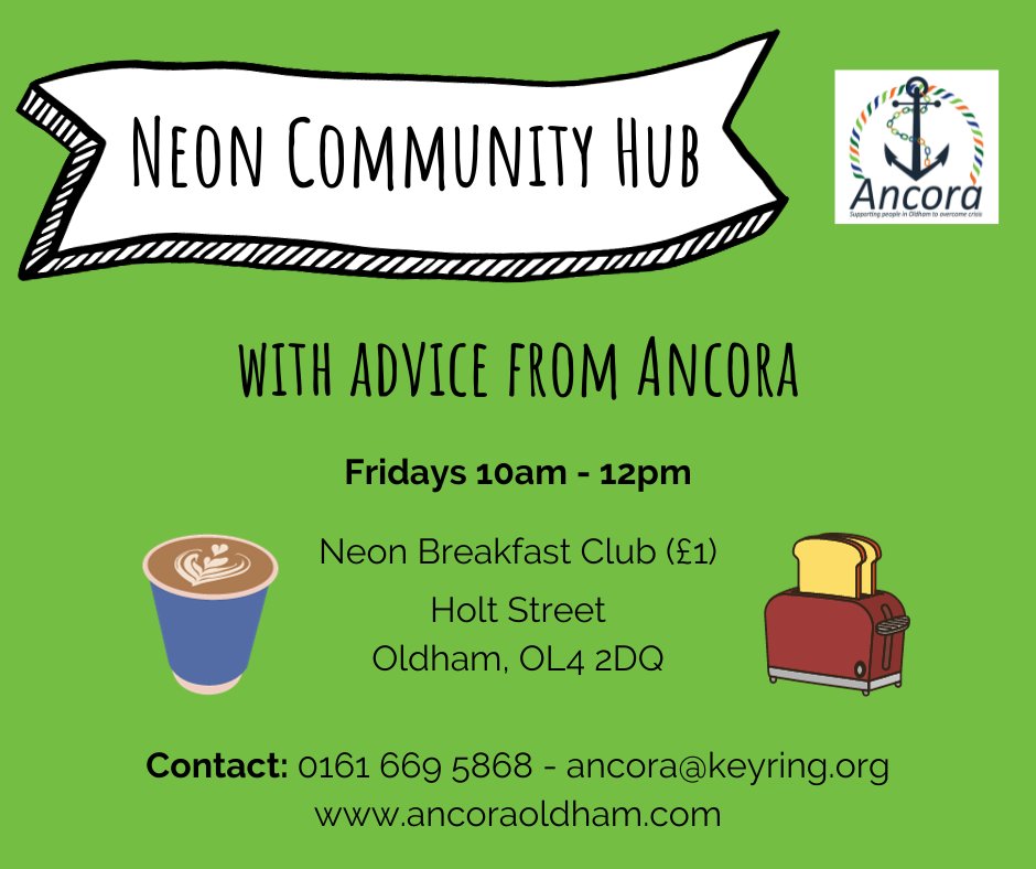 AncoraOldham's tweet photo. The Neon Community hub is one of the places you can find staff from Ancora. Drop in between 10 and 12 on Fridays for advice and something to eat. https://t.co/ZpoFfd0j3K