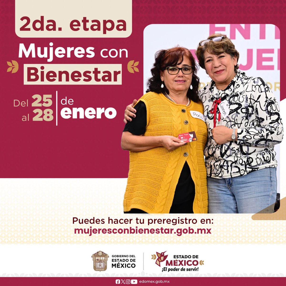 Edomex's tweet photo. ¡Toma nota!
La segunda etapa del Programa #MujeresConBienestar ¡ya inició!
Tienes hasta el 28 de enero para realizar tu pre-registro; ingresa a la página:
🌐 https://t.co/lCXKrYQuFD

¡Con #ProgramasParaTodos seguimos trabajando por el #BienestarMexiquense! https://t.co/mz3aGvQKL3