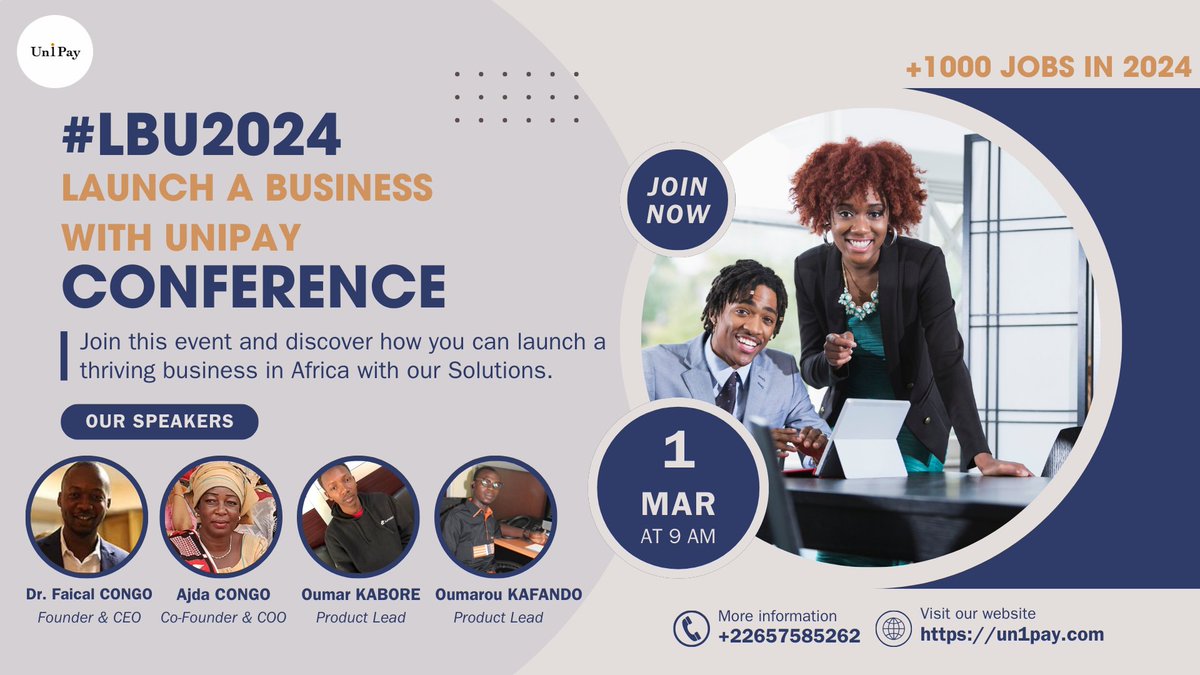 UniPay4's tweet photo. 🎉 Rejoignez la conférence UniPay pour lancer votre entreprise et créer plus de 1000 emplois en 2024 ! Commentez si intéressé.

🎉 Join UniPay's conference to launch your business &amp; help us create 1000+ jobs in 2024! Comment if interested.

#LBU2024 #Africa #Job https://t.co/DnYVm8dGAv