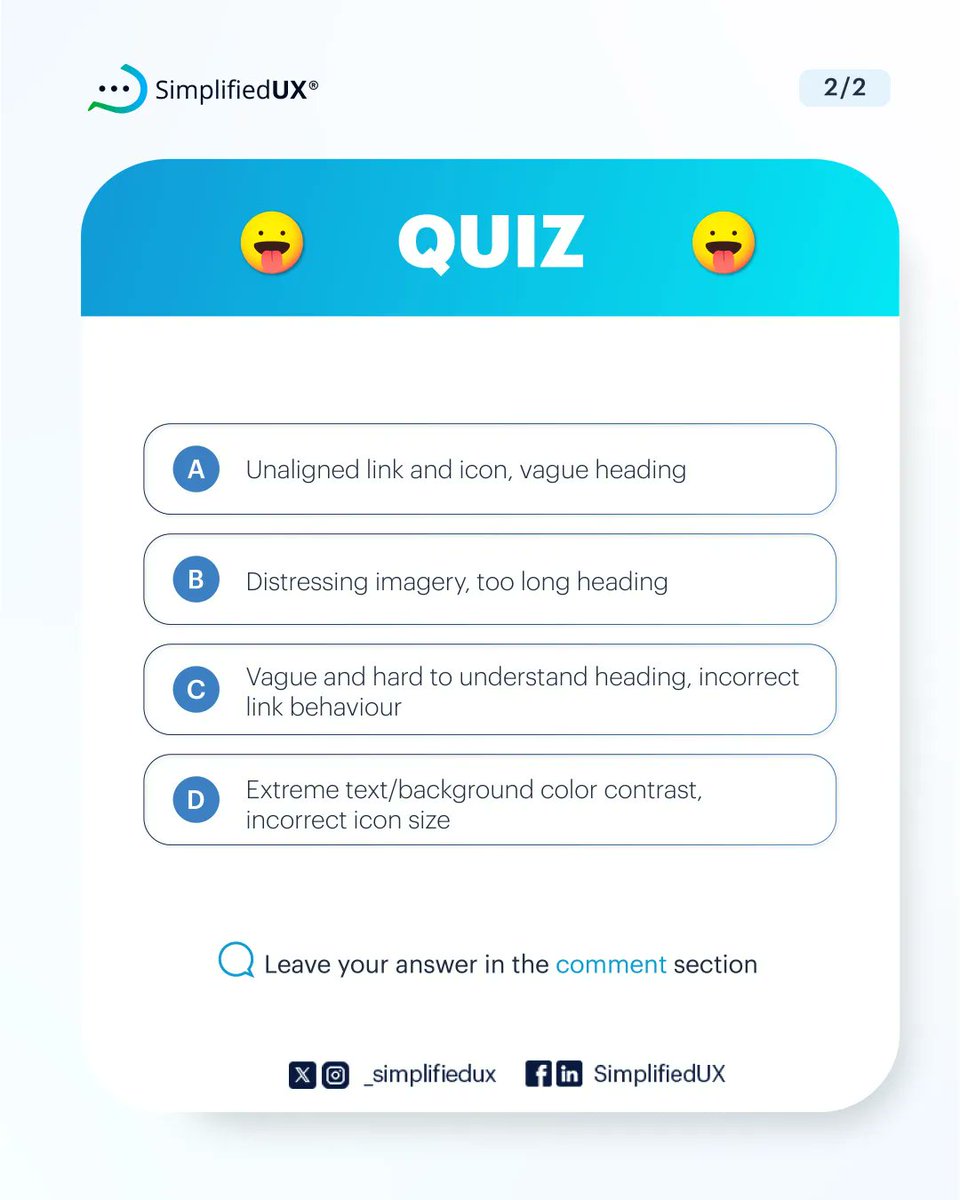 _simplifiedux's tweet image. Test your knowledge on accessibility.

What do you think is wrong with this design from an accessibility perspective?

Answer will be in the comment below.

#accessibledesign #accessibilitytest #accessibilitytesting #designskilltest #designskillassessment #ux #uxdesign #webdesign…