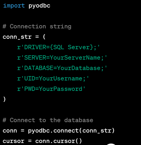 از پکیج pyodbc می تونیم برای اتصال به دیتابیس های ODBC در پایتون استفاده کنیم. وب سایت راهنمای این پکیج در آدرس pypi.org/project/pyodbc/ قابل دسترسی هست. 

همچنین در تصویر یک نمونه از کانفیگ اتصال به دیتابیس را مشاهده می کنید.