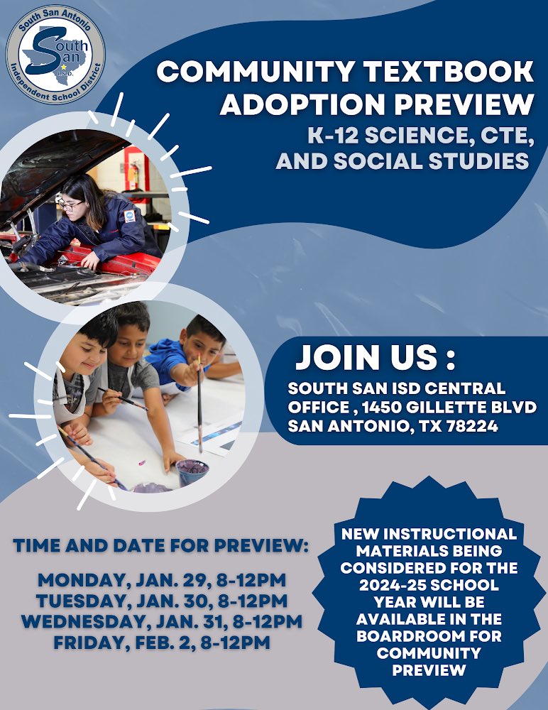 ssaisd's tweet photo. Join us for our Community Textbook Adoption Review next week starting on Monday, January 29th through Friday, February 2nd! Parents and community members will have to sign in at the reception desk as they enter.More details available in the graphic above! https://t.co/t86fGEFp5K