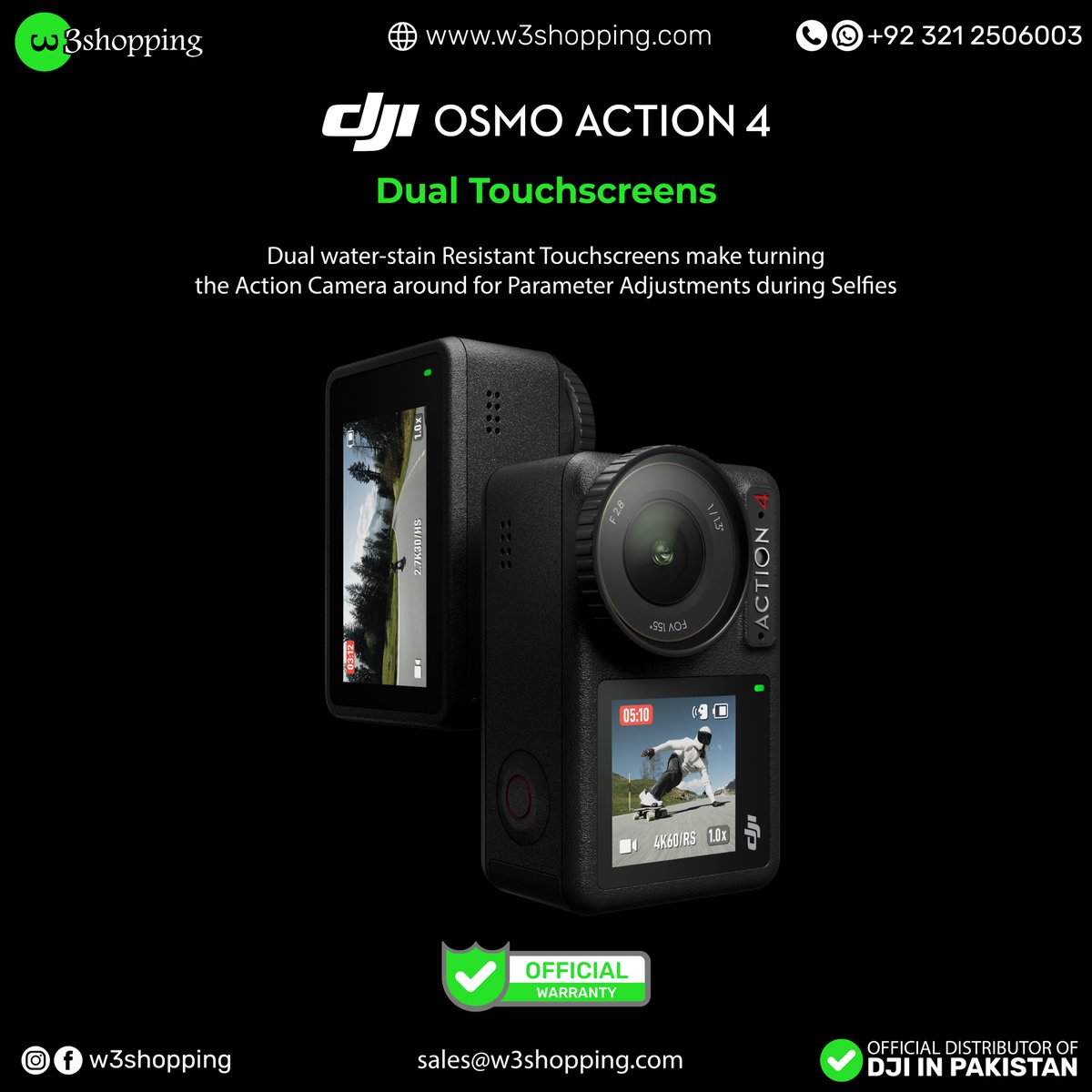 W3Shopping's tweet image. Seize the moment with the Osmo Action 4!📸 Dual touchscreens designed for effortless control, allowing you to capture the perfect shot from any angle.🎥✨

#OsmoAction4 #CaptureTheAction #InnovateWithDJI #dji #djiosmoaction4 #djiosmoactioncamera #travpakistan #adventure