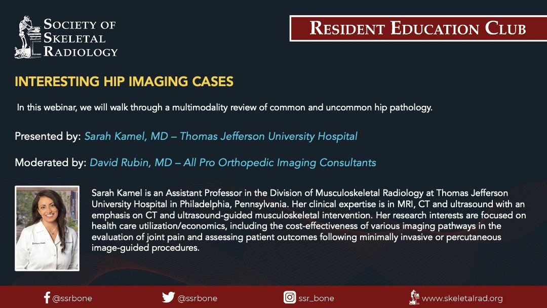 Society of Skeletal Radiology (@ssrbone) on Twitter photo 🔊Save your spot at the Resident Education Club on Wed 02/21 at 7 PM EST!
✅Interesting Hip Cases by <a href="/sarahkamelmd/">Sarah Kamel, MD</a> of <a href="/JeffersonRads/">Jefferson Radiology</a>
✅Moderated by David Rubin
✅Live Q&A
✅Registration👇
skeletalrad.org/resident-educa…
<a href="/VivekKaliaMD/">Vivek Kalia, MD MPH</a> <a href="/SoteriosGyft/">Soterios Gyftopoulos MD MBA MSc</a> <a href="/cychang1414/">Connie Y Chang</a> <a href="/ssr_rwg/">SSR_RWG</a> #MSKRad #radres 🔊Save your spot at the Resident Education Club on Wed 02/21 at 7 PM EST!
✅Interesting Hip Cases by <a href="/sarahkamelmd/">Sarah Kamel, MD</a> of <a href="/JeffersonRads/">Jefferson Radiology</a>
✅Moderated by David Rubin
✅Live Q&A
✅Registration👇
skeletalrad.org/resident-educa…
<a href="/VivekKaliaMD/">Vivek Kalia, MD MPH</a> <a href="/SoteriosGyft/">Soterios Gyftopoulos MD MBA MSc</a> <a href="/cychang1414/">Connie Y Chang</a> <a href="/ssr_rwg/">SSR_RWG</a> #MSKRad #radres