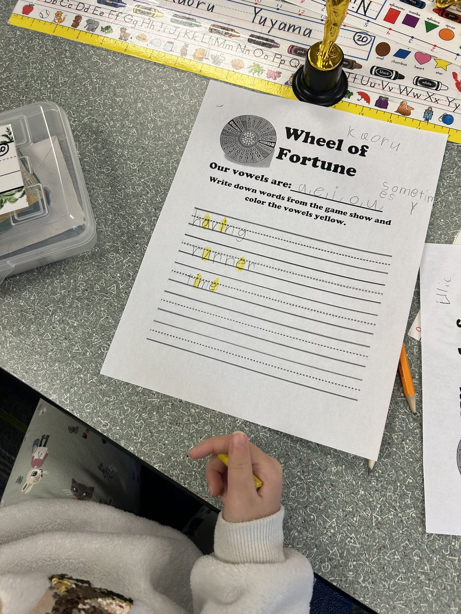 Learning about vowels and watching Wheel of Fortune to show that every word has a vowel!! Vowels are valuable. What a fun day in kindergarten!!! <a href="/NCSD/">Novi Community School District</a> <a href="/NoviWoods/">Novi Woods Elem.</a> <a href="/WheelofFortune/">Wheel of Fortune</a>