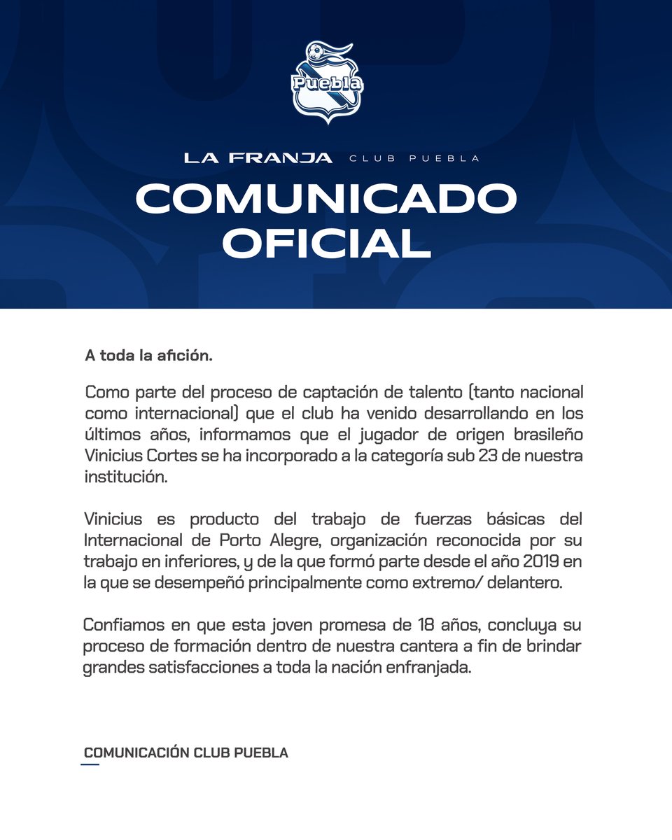 ClubPueblaMX's tweet photo. 📋 Comunicado Oficial

#LoÚnicoQueNecesitasEsLaFranja🎽 https://t.co/XVy8tZsVht