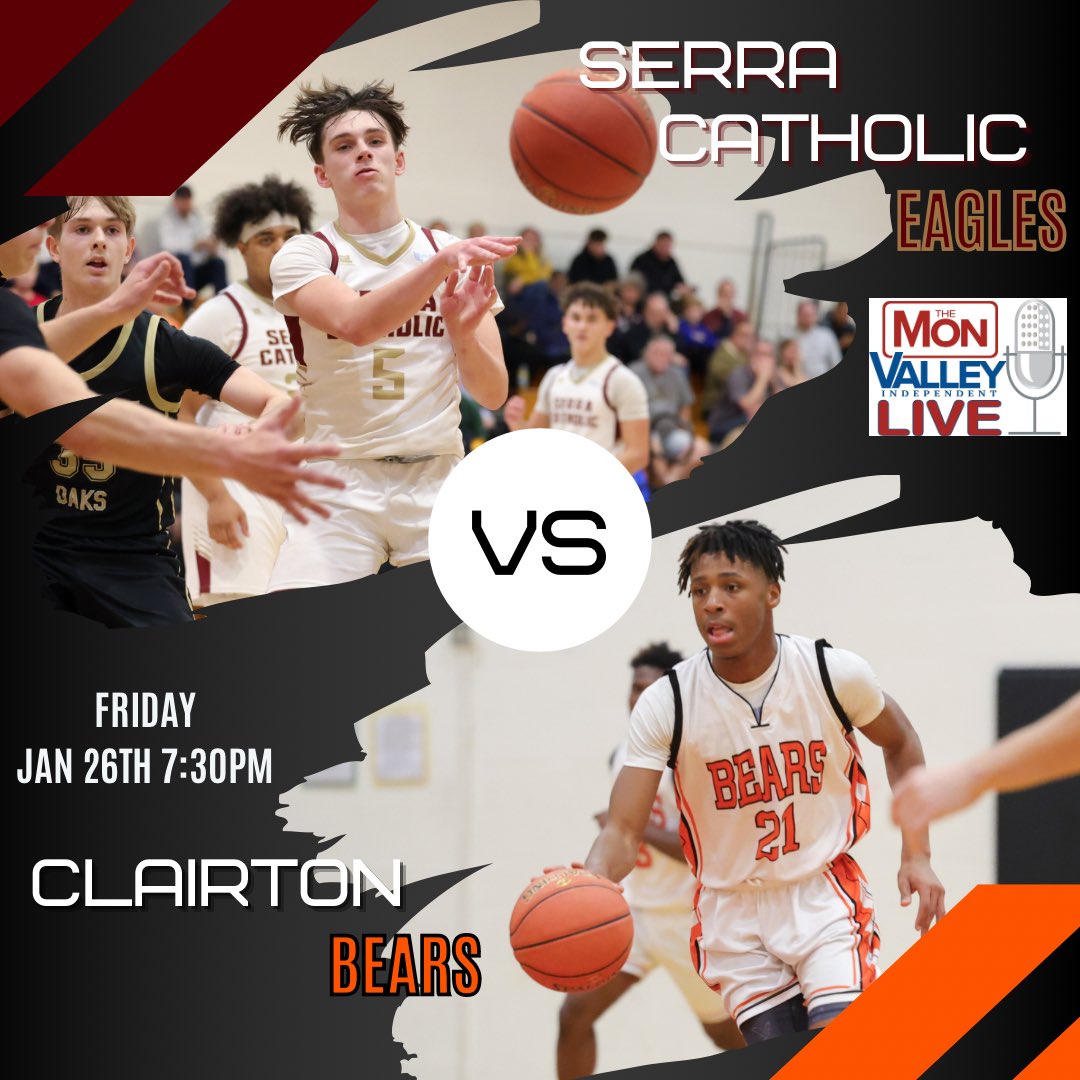 The Eagles and Bears hit the floor for an all Monday Valley Section showdown tonight on MVI Live 🏀 Serra Catholic 🆚 Clairton 📍Serra Catholic 🕢 7:30 PM 🎙️@ALyons2631 💻 webca.st/243884