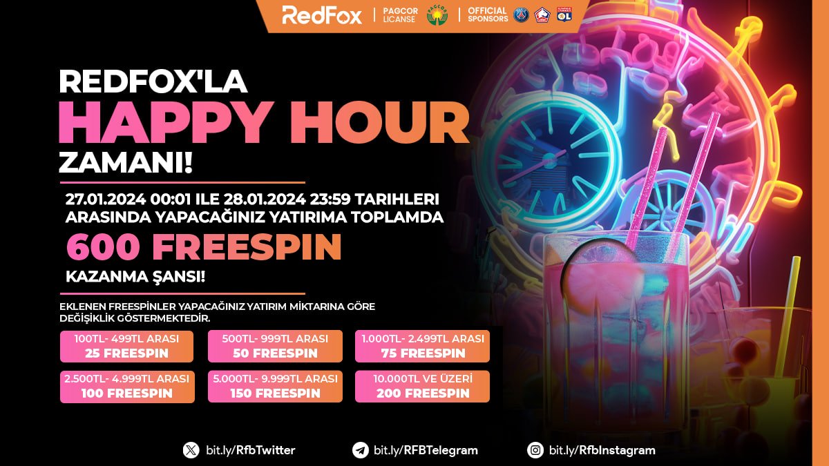 GuncelRedFox's tweet photo. 📢 REDFOX İLE HAPPY HOUR ZAMANI 📢

📆"27.01.2024 00:01 ile 28.01.2024 23:59" tarihleri arasında toplamda 600 Freespin kazanma şansı!

⚡Eklenen Freespinler yapacağınız yatırım miktarına göre değişiklik göstermektedir;👇

Detaylar: https://t.co/EoTM6hHz3Y https://t.co/ncCzk9SNos