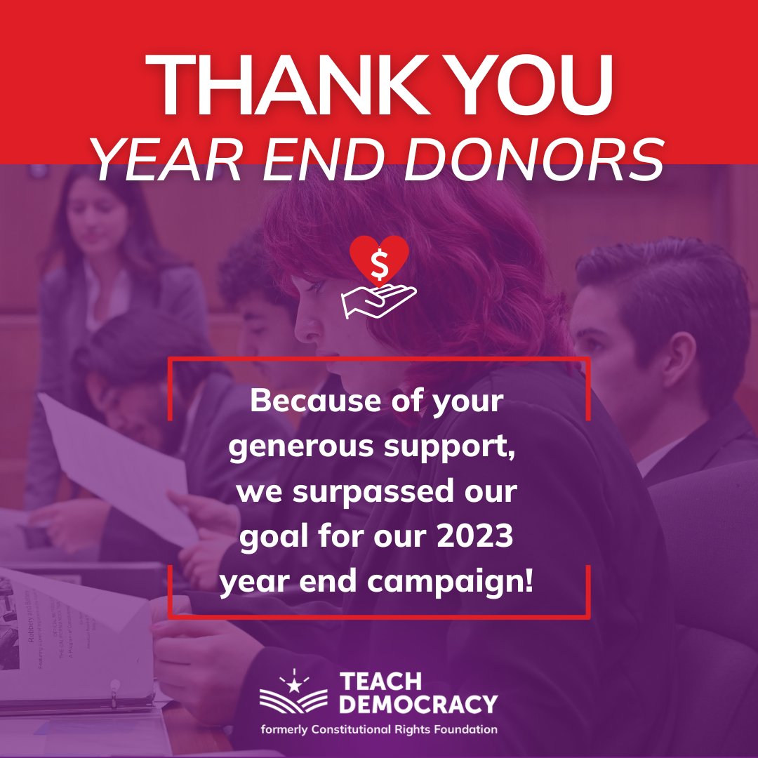 We would like to extend our gratitude to all who supported our Year End Campaign. With your help, we surpassed our goal! Your donations make it possible for us to provide free programs and resources to teachers and students around the nation. Thank you for supporting our mission!