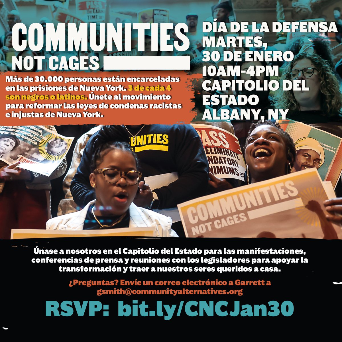 CCA_NY's tweet photo. TUESDAY! Join #CommunitiesNotCages for our FIRST 2024 advocacy day on January 30. We've got a blow-out day with rallies, press conferences, meetings with lawmakers, music, and creative actions - and we need you there! RSVP here: https://t.co/QMlCh4mU8a https://t.co/f2AoKpA4So