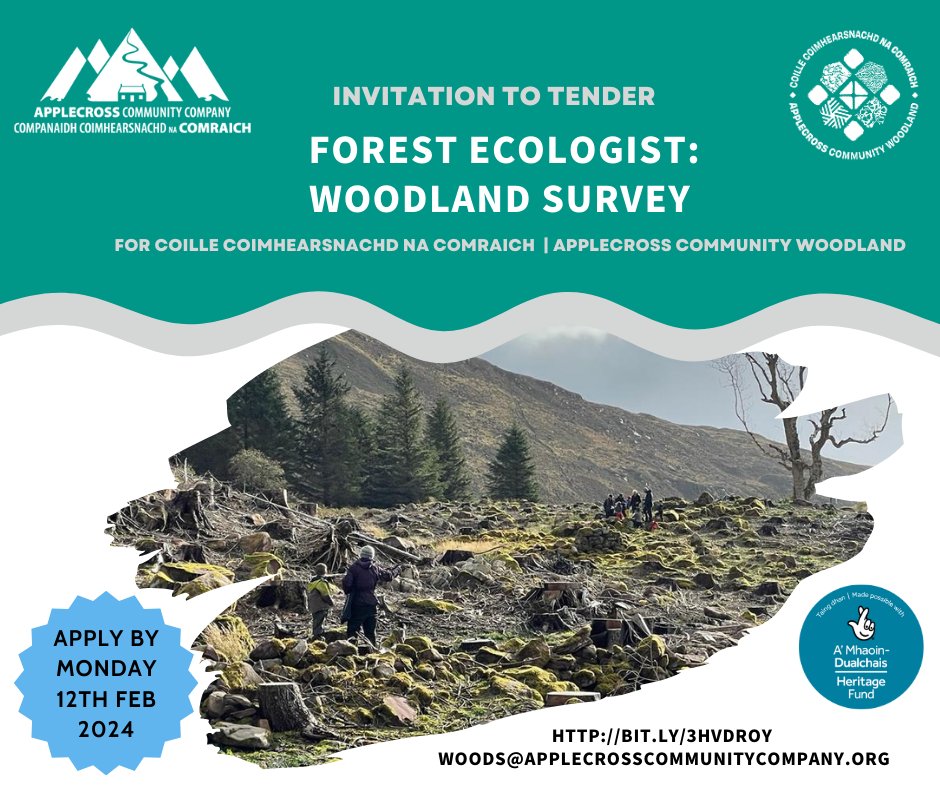 We are inviting tenders from Forest Ecologists to carry out a Woodland Survey for Coille Coimhearsnachd na Comraich | Applecross Community Woodland.
Invitation to tender &amp; further info: bit.ly/3HvDRoy

Please help us to circulate! 
Deadline: Monday 12th Feb
